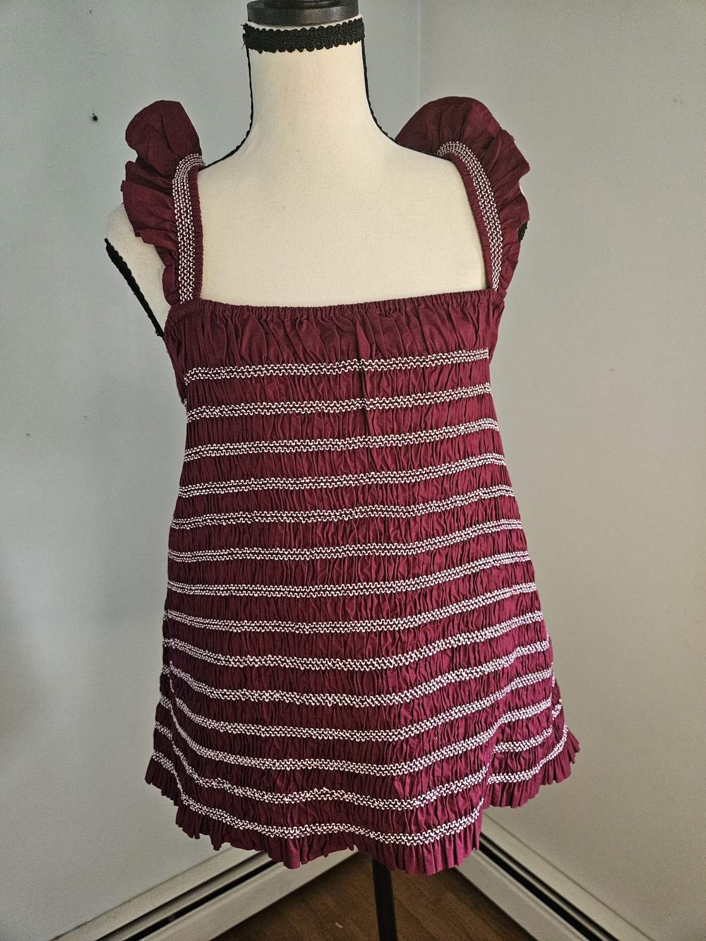 Time and Tru Burgundy Smocked Ruffle Strap Tank
